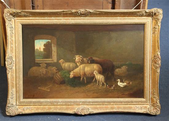 D* Newby (19th century), oil on canvas, sheep in barn interiors with chickens and ducks, a pair, signed 40 x 67cm